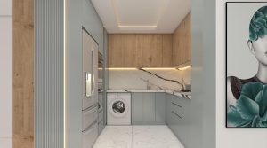 طراحی سه بعدی کابینت مدرن با ترکیب چوب